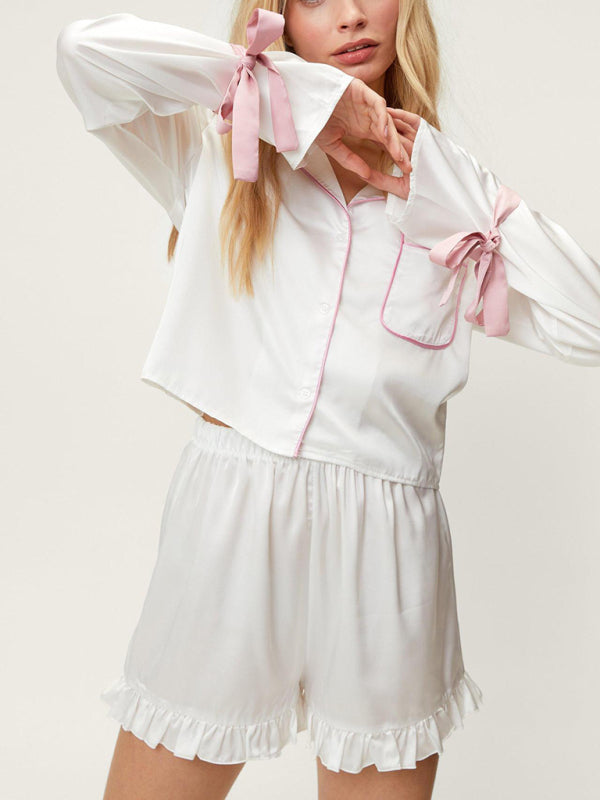 Women's Matching Bow Pajamas Set - Long Sleeve Shirt & Relaxed Shorts