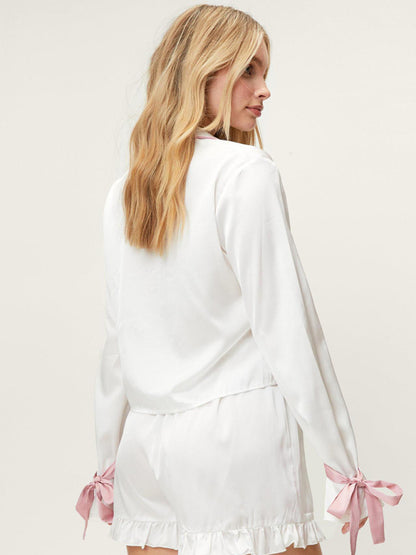 Passendes Pyjama-Set mit Schleife für Damen – Langärmliges Hemd und lässige Shorts