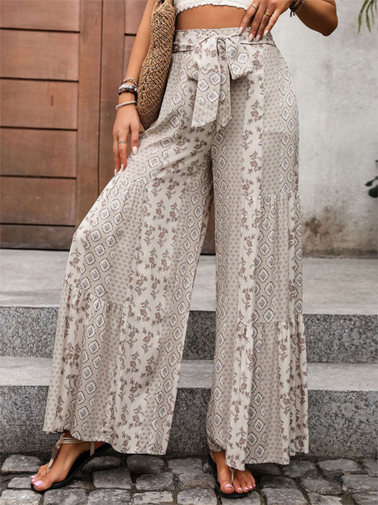 Floral Boho Wide-Leg Pants with Belted Palazzo Style