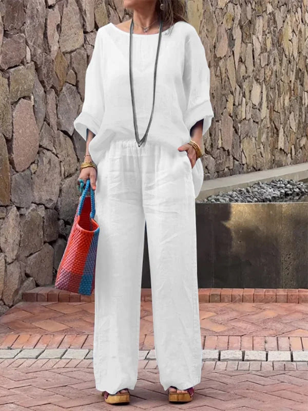 Pants Set- Oversized Fit Cotton-Linen Vacation Set - Tunic Top & Pants for Women- White- Chuzko Women Clothing