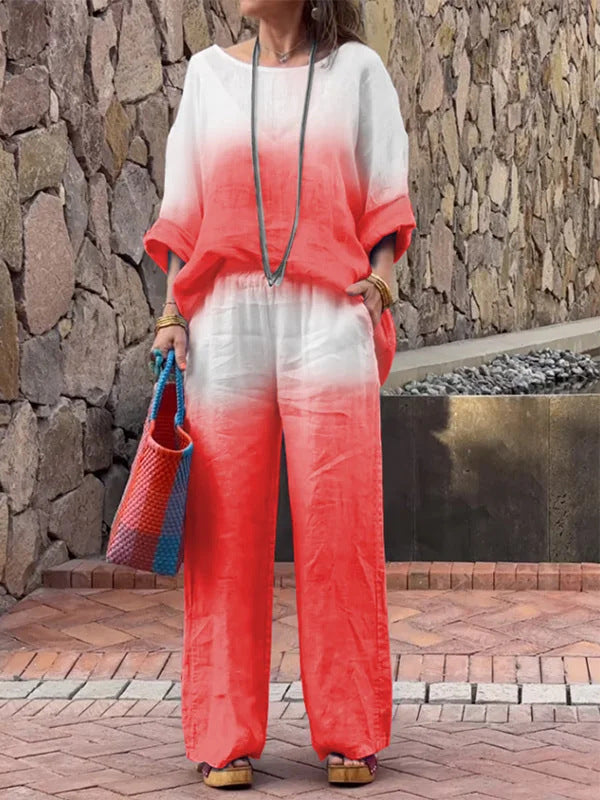 Pants Set- Oversized Fit Cotton-Linen Vacation Set - Tunic Top & Pants for Women- Red- Chuzko Women Clothing