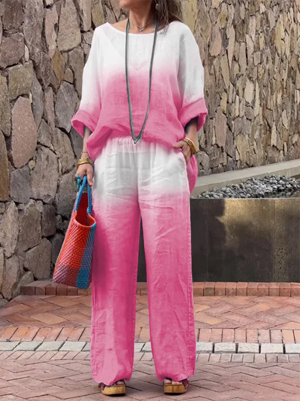Pants Set- Oversized Fit Cotton-Linen Vacation Set - Tunic Top & Pants for Women- Pink- Chuzko Women Clothing
