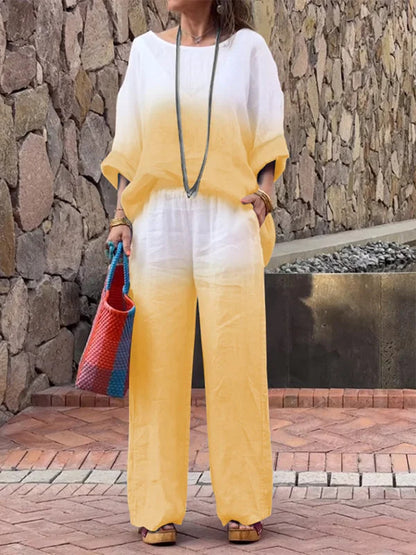 Pants Set- Oversized Fit Cotton-Linen Vacation Set - Tunic Top & Pants for Women- Yellow- Chuzko Women Clothing