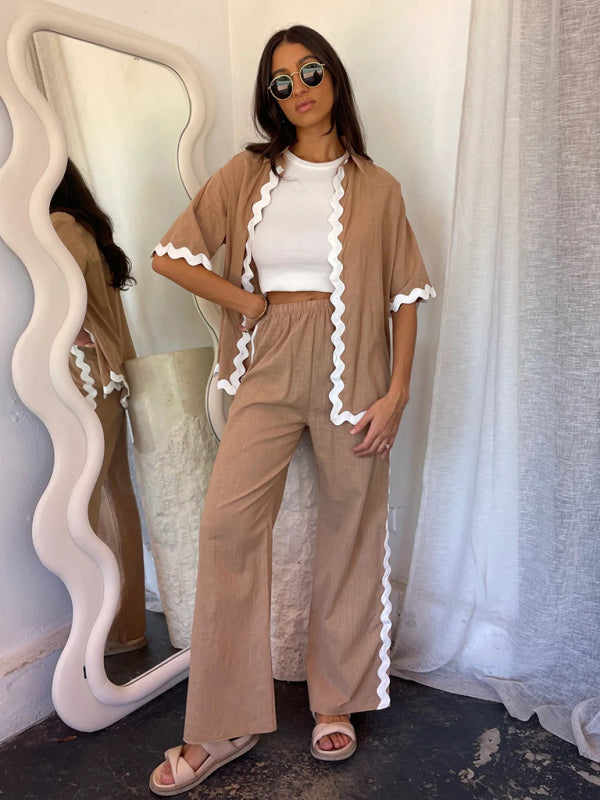 Pants Set- Relaxed Ric-Rac Trim Shirt & Pants Set - Women's Summer Vacay Attire- Camel- Chuzko Women Clothing