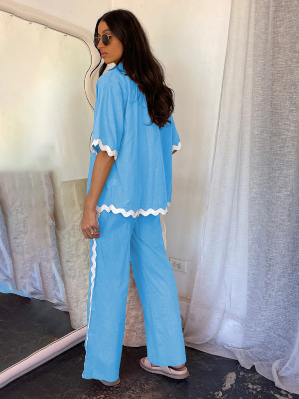 Pants Set- Relaxed Ric-Rac Trim Shirt & Pants Set - Women's Summer Vacay Attire- - Chuzko Women Clothing