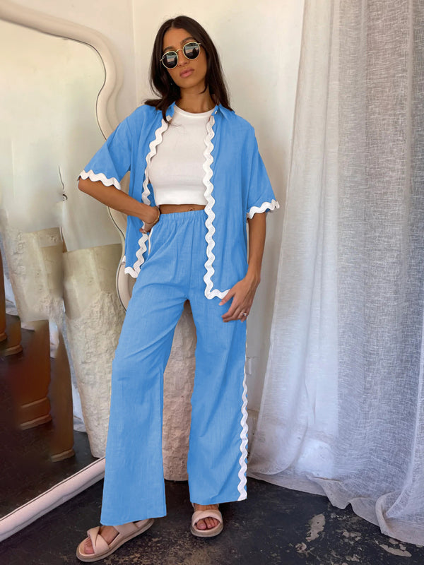 Pants Set- Relaxed Ric-Rac Trim Shirt & Pants Set - Women's Summer Vacay Attire- Sky blue azure- Chuzko Women Clothing