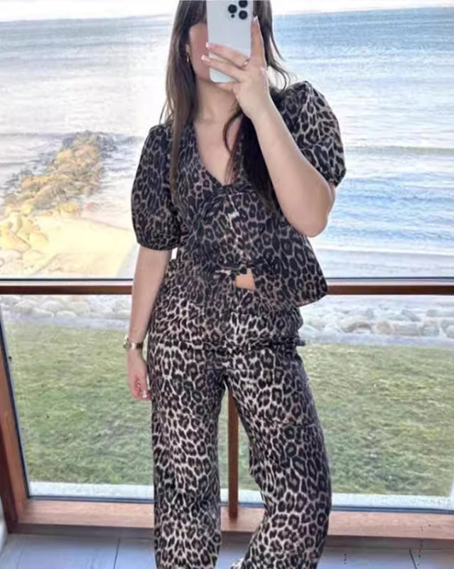 Pants Set- Vacay Animal Print 2 Piece Outfit with Bow-Tie Blouse & Wide Waist Pants- - Chuzko Women Clothing