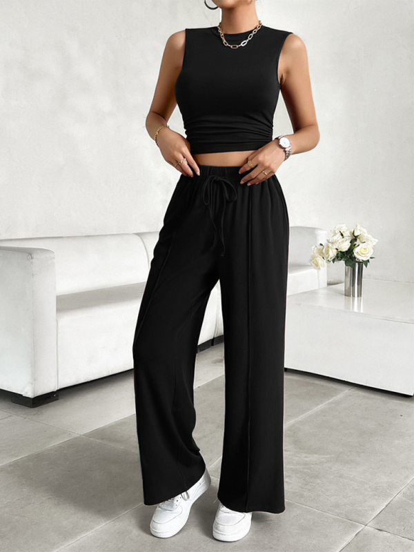 Pants Set- Women Two-Piece Pants & Crop Top Set - Transition from Day to Night- Black- Chuzko Women Clothing