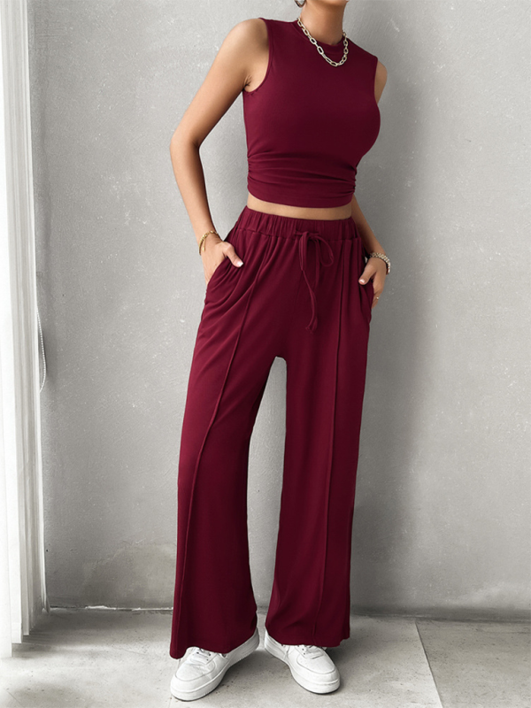Pants Set- Women Two-Piece Pants & Crop Top Set - Transition from Day to Night- - Chuzko Women Clothing