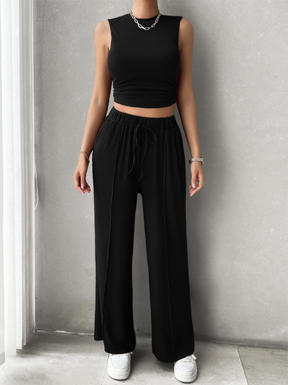 Pants Set- Women Two-Piece Pants & Crop Top Set - Transition from Day to Night- - Chuzko Women Clothing