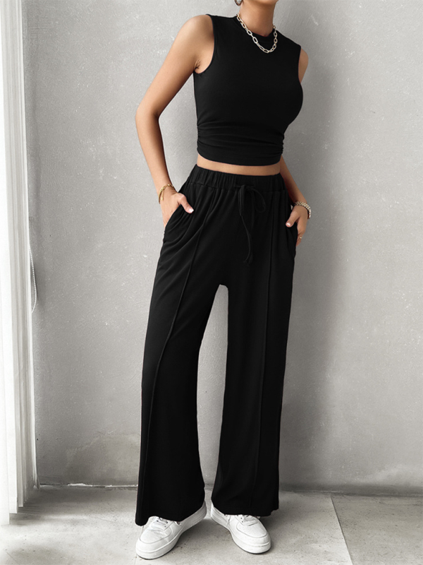 Pants Set- Women Two-Piece Pants & Crop Top Set - Transition from Day to Night- - Chuzko Women Clothing