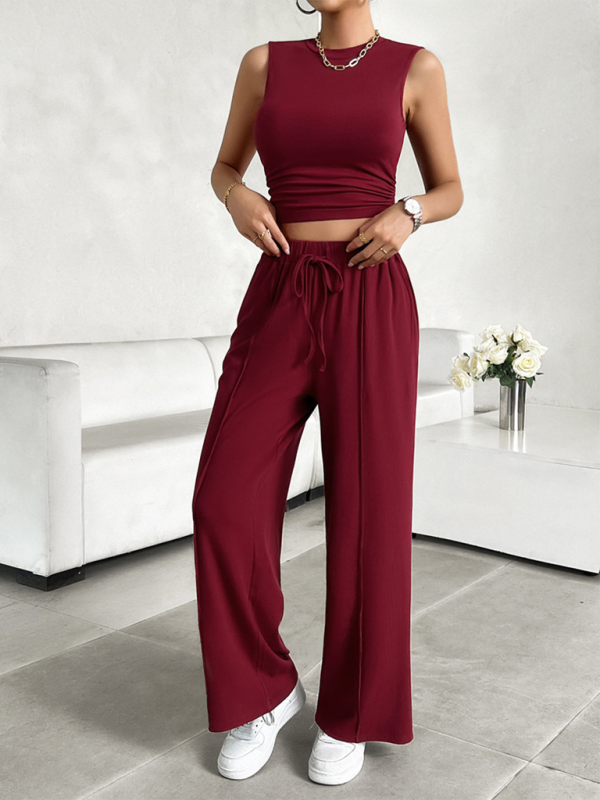 Pants Set- Women Two-Piece Pants & Crop Top Set - Transition from Day to Night- Wine Red- Chuzko Women Clothing