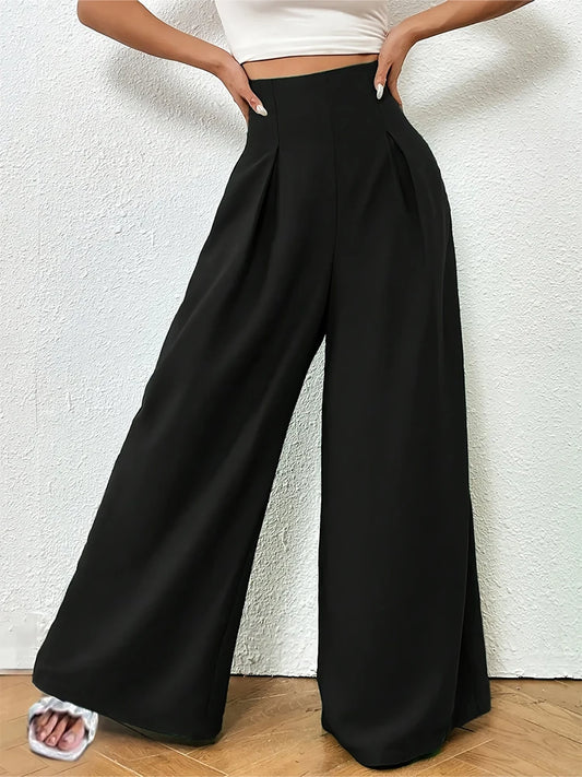 Pants- Solid Wide-Leg Trousers for Modern Women- Black- Chuzko Women Clothing