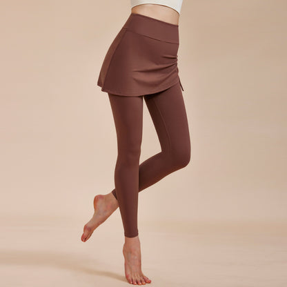 Pants- Women's Sporty Ruched Skirt Leggings for Dancing Class- Brown- Chuzko Women Clothing