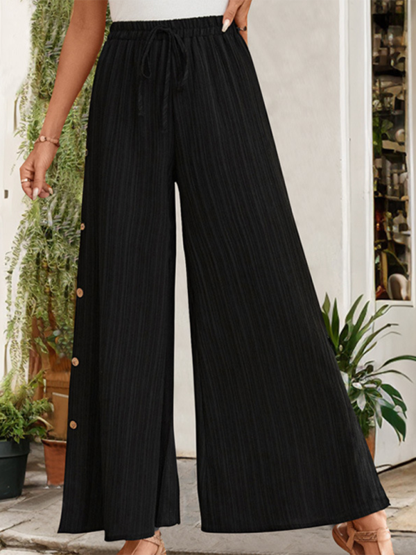 Women's Textured Ribbed Wide-Leg Pants with Fancy Side Buttons