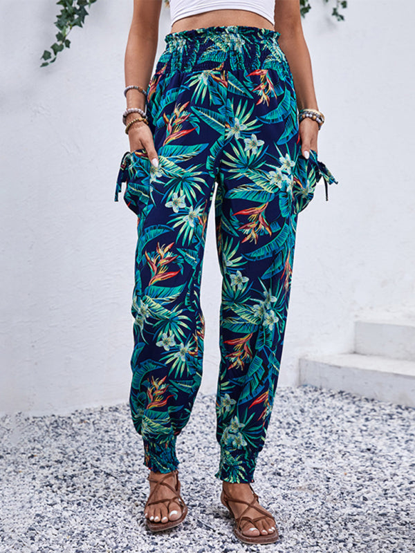 Pants- Women's Tropical Cargo Sweatpants with Smocked Waist- - Chuzko Women Clothing