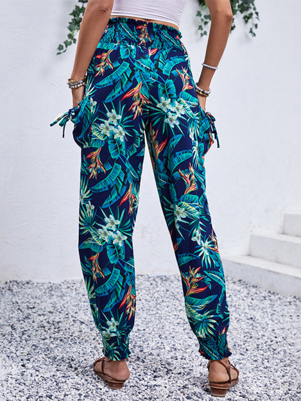 Pants- Women's Tropical Cargo Sweatpants with Smocked Waist- - Chuzko Women Clothing