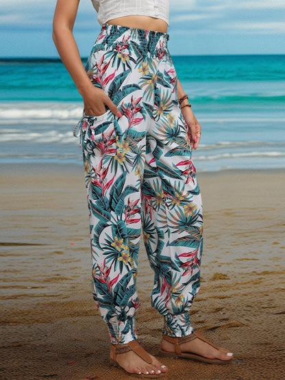 Pants- Women's Tropical Cargo Sweatpants with Smocked Waist- - Chuzko Women Clothing
