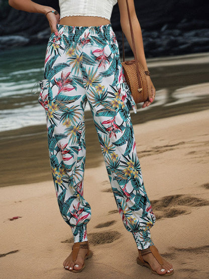 Pants- Women's Tropical Cargo Sweatpants with Smocked Waist- White- Chuzko Women Clothing