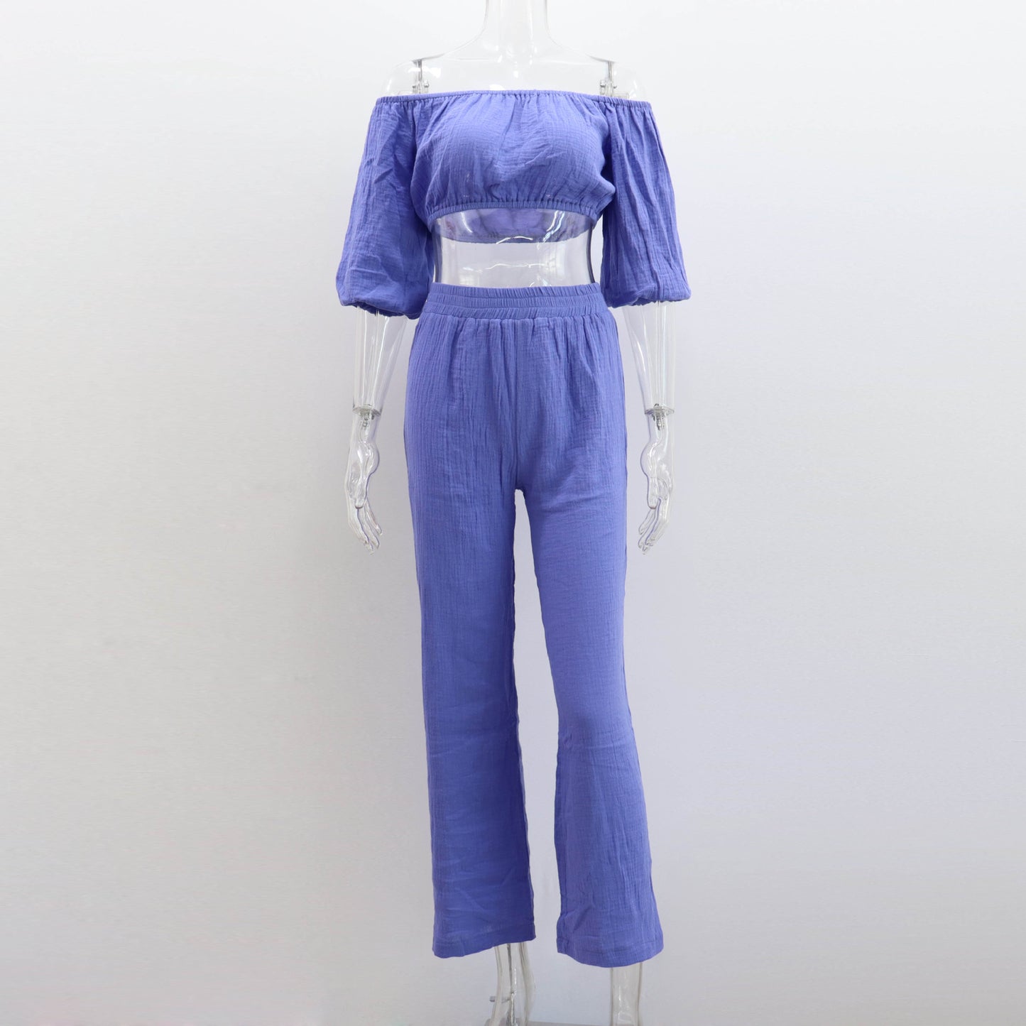 Pants set- Women's Cotton Vacation Outfit Set - Crop Top & Pants- Dark Blue- Chuzko Women Clothing