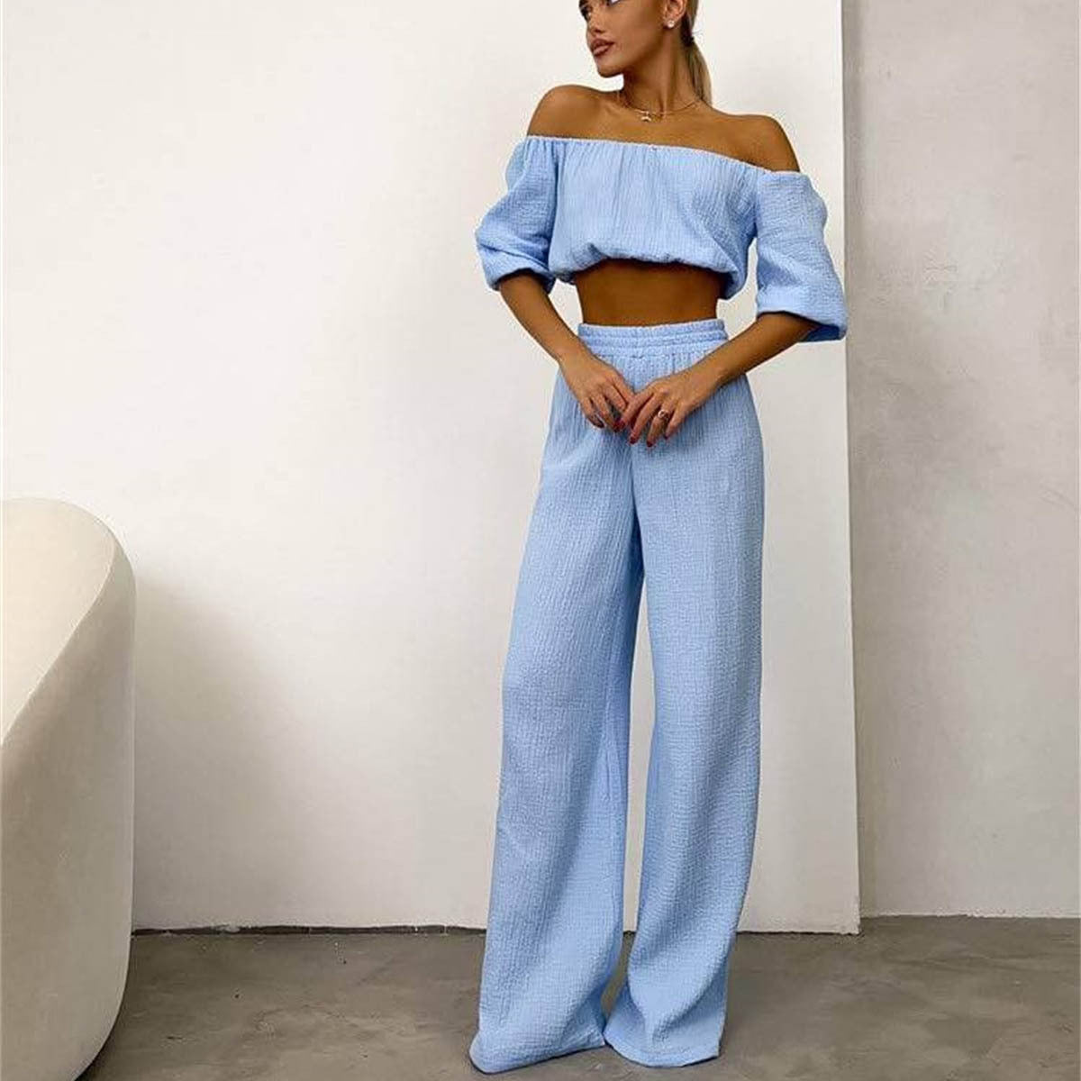 Pants set- Women's Cotton Vacation Outfit Set - Crop Top & Pants- Light Blue- Chuzko Women Clothing