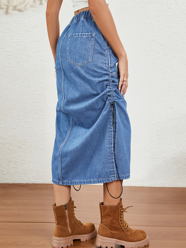 Ruched Side Elasticated Waist Parachute Skirt in Denim