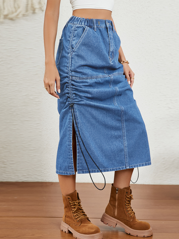 Fallschirmrock aus Denim mit gerüschter Seite und elastischer Taille