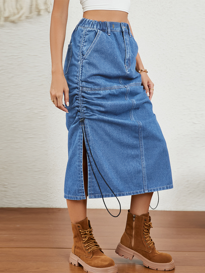 Ruched Side Elasticated Waist Parachute Skirt in Denim