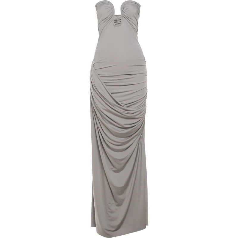 Party Dresses- Classy Cocktail Strapless Plunge Ruched Maxi Dress in a Draped Design- - Chuzko Women Clothing