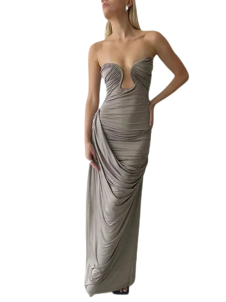 Party Dresses- Classy Cocktail Strapless Plunge Ruched Maxi Dress in a Draped Design- - Chuzko Women Clothing