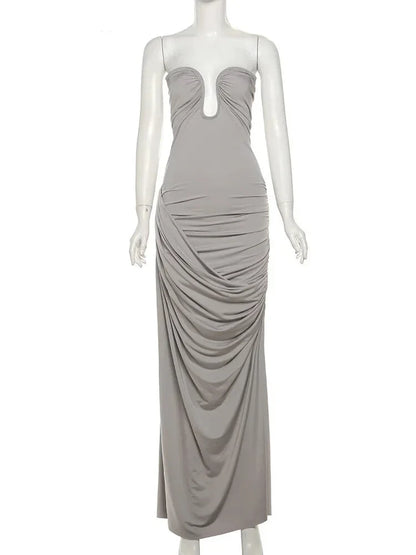 Party Dresses- Classy Cocktail Strapless Plunge Ruched Maxi Dress in a Draped Design- GRAY- Chuzko Women Clothing