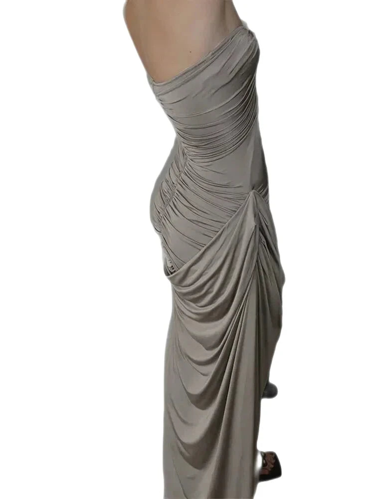 Party Dresses- Classy Cocktail Strapless Plunge Ruched Maxi Dress in a Draped Design- - Chuzko Women Clothing