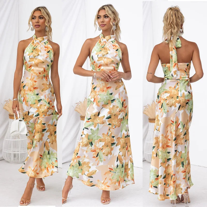 Party Dresses- Elegant Floral Halter Maxi Dress for Summer Weddings- - Chuzko Women Clothing