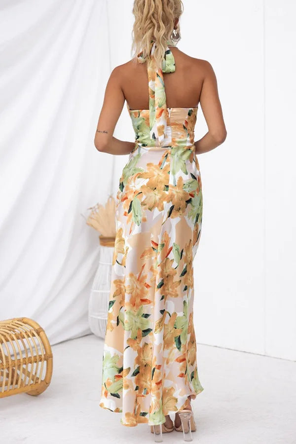 Party Dresses- Elegant Floral Halter Maxi Dress for Summer Weddings- - Chuzko Women Clothing