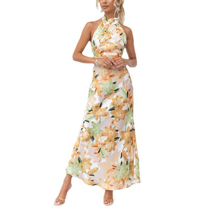 Party Dresses- Elegant Floral Halter Maxi Dress for Summer Weddings- Yellow- Chuzko Women Clothing