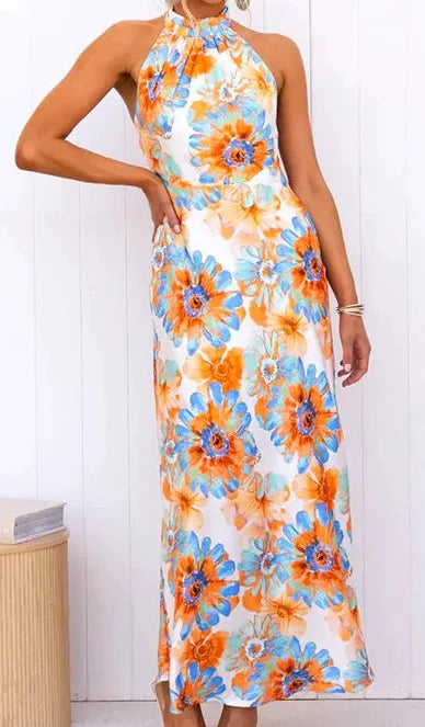 Party Dresses- Elegant Floral Halter Maxi Dress for Summer Weddings- Orange Blue- Chuzko Women Clothing