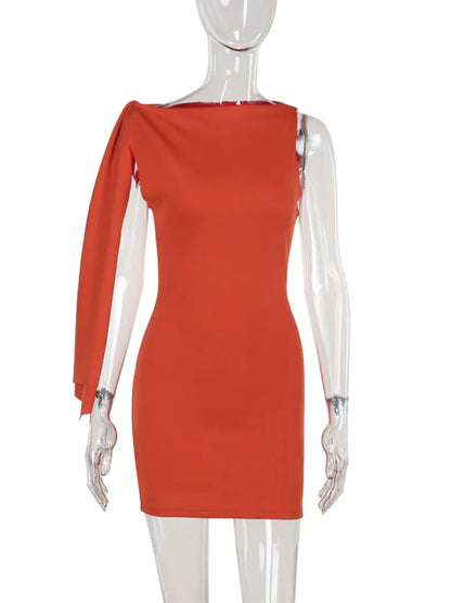Party Dresses- Elegant One-Shoulder Cocktail Dress- Orange- Chuzko Women Clothing