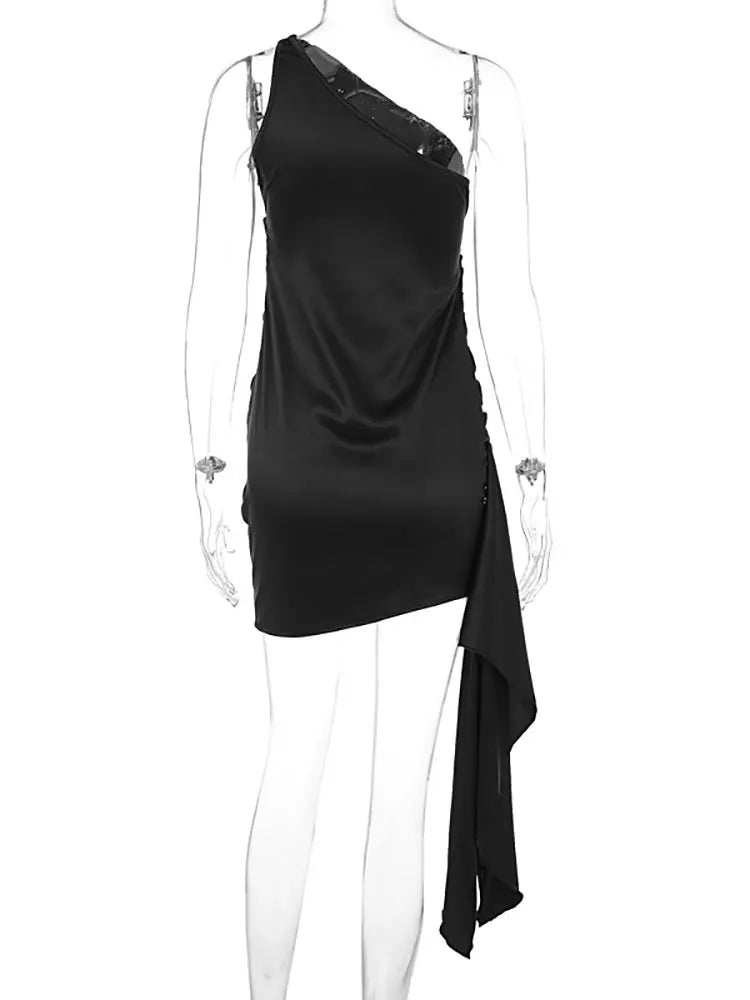 Party Dresses- Elegant One-Shoulder Satin Mini Dress for Evening Cocktails- - Chuzko Women Clothing