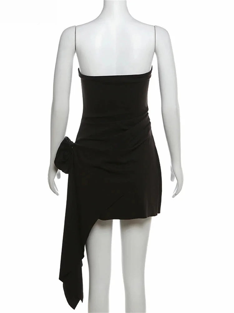 Party Dresses- Elegant Strapless Asymmetrical Dress with Rosette- - Chuzko Women Clothing