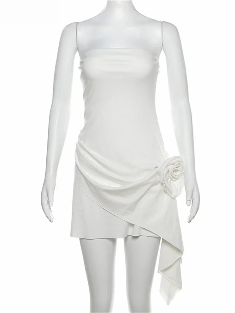 Party Dresses- Elegant Strapless Asymmetrical Dress with Rosette- - Chuzko Women Clothing