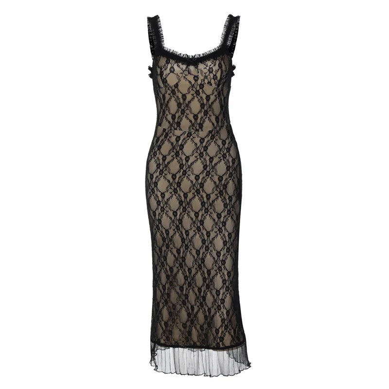 Party Dresses- Mesh Overlay Elegant Bodycon Midi Dress with Frills- Chuzko Women Clothing
