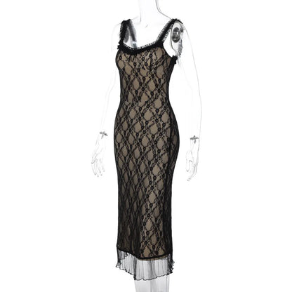 Party Dresses- Mesh Overlay Elegant Bodycon Midi Dress with Frills- Chuzko Women Clothing