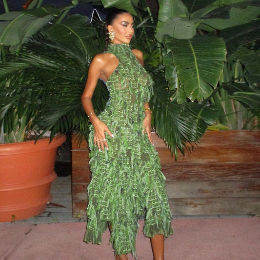 Party Dresses- Runway Elegance Stand Collar Body-Hugging Dress in Foliage Overlapping Ruffle- Green- Chuzko Women Clothing