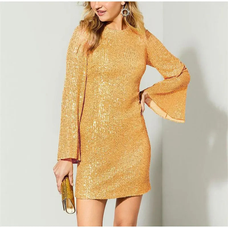 Party Dresses- Sparkle Flared Long Sleeve Sequined Mini Dress for Parties- Chuzko Women Clothing
