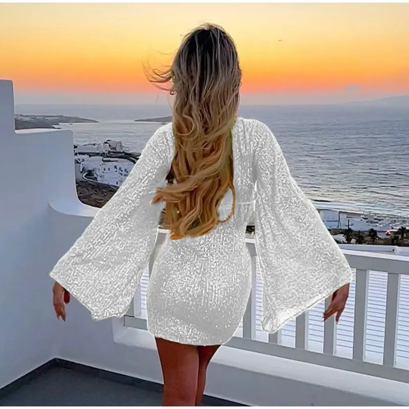 Party Dresses- Sparkle Flared Long Sleeve Sequined Mini Dress for Parties- Chuzko Women Clothing