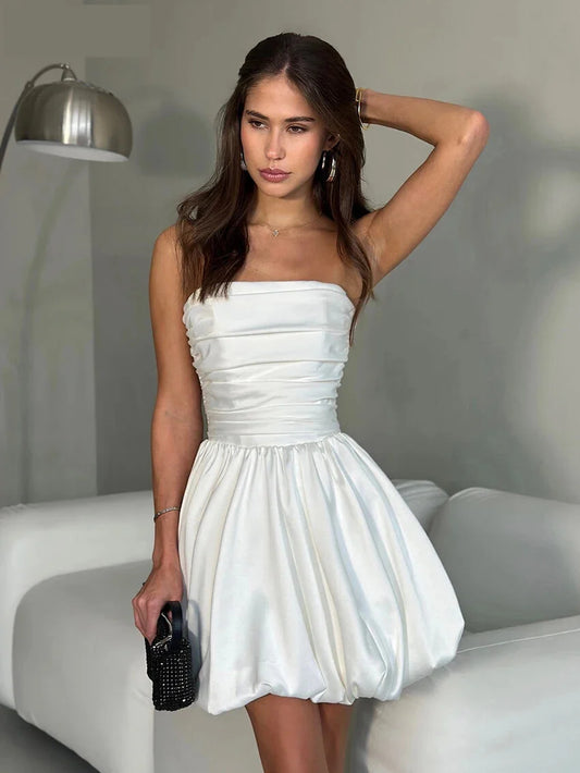 Party Dresses- Strapless Satin Mini Dress for Cocktail Evenings- WHITE- Chuzko Women Clothing