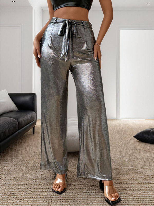 Pantalon ceinturé scintillant pour un look de fête métallique pour femmes