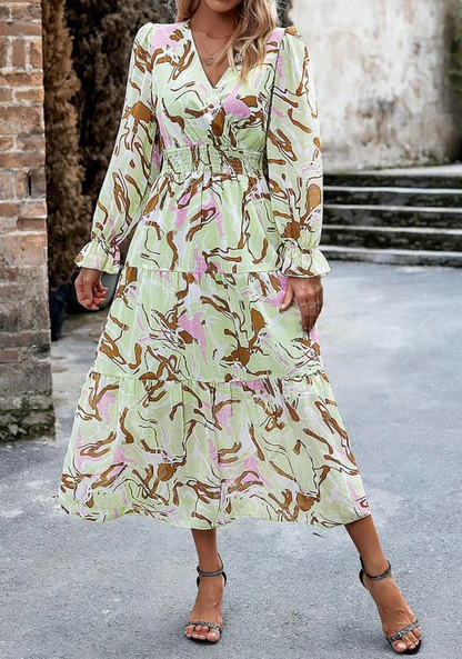 Autumn Floral V Neck Dress: Tiered Design, Ruffle Cuffs, Elastic Waist Tiered Dresses - Chuzko Women Clothing