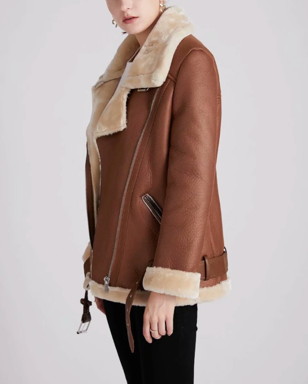 Faux Sheep Leather Fur Winter Aviator Jacket Flight Jackets - Chuzko Women Clothing