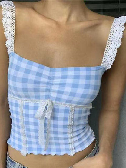 Plaid Tops- Romantic Lace Accented Plaid Cami - Women's Milkmaid Top- Blue- Chuzko Women Clothing